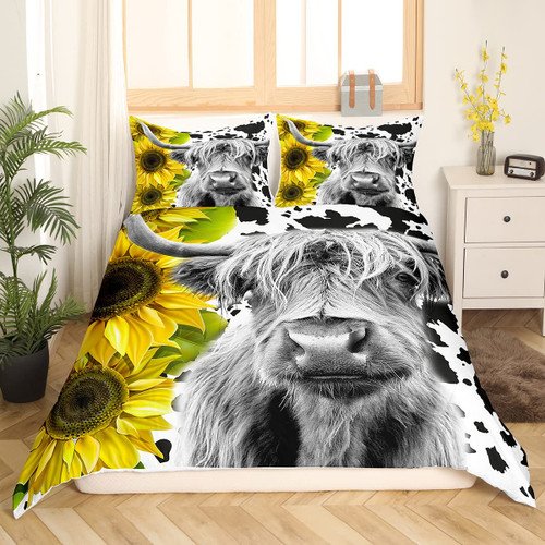 Highland Cattle Bedding Set for Boys Teens Black Cow Print Comforter Cover Girls Kids Nature Sunflower Duvet Cover 3D Wild Animal Highland Cow Print Western Farmhouse Theme Bedspread Cover,Queen Size Highland Cattle Bedding Set for Boys Teens Black Cow Print Comforter Cover Girls Kids Nature Sunflower Duvet Cover 3D Wild Animal Highland Cow Print Western Farmhouse Theme Bedspread Cover,Queen Size