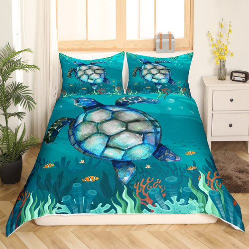 Kids Sea Turtle Bedding Set Ocean Fish Bedding Duvet Cover Set For Boys Teens Decor Reptile Tortoise Comforter Cover Set Coastal Beach Green Bedspread Cover Bedroom 3Pcs With 2 Pillow Case Queen Size