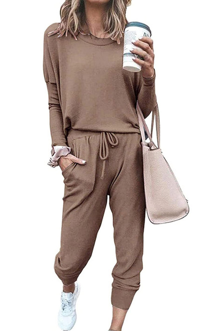 PRETTYGARDEN Women's 2023 Fall Two Piece Outfit Long Sleeve Crewneck Pullover Tops And Long Pants Tracksuit (Dark Khaki,Large)