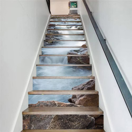 Tifege Peel and Stick Wallpaper Stair Sticker Decals Waterfall Stone Flowing Water 3D DIY Staircase Wall Mural Stair Riser Home Decor Decoration Removable 13 Piece Self-Adhesive 39.3x7 LT13-041
