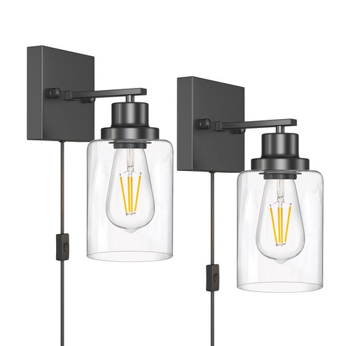 DIKAIDA 2-Light Plug in Bathroom Vanity Light Fixtures, Modern Black Bathroom Vanity Lights Over Mirror with Clear Glass Shade,Industrial Wall Mounted Sconces Lighting for Bedroom Hallway DIKAIDA 2-Light Plug in Bathroom Vanity Light Fixtures, Modern Black Bathroom Vanity Lights Over Mirror with Clear Glass Shade,Industrial Wall Mounted Sconces Lighting for Bedroom Hallway