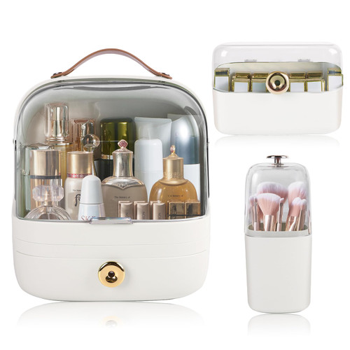 Makeup Organizer for Vanity, Make up Organizers and Storage with Brush Holder and Lipstick Organizer, Skincare Organizers Cosmetic Display Cases with Lid for Countertop, Bathroom, Ideal Women Gifts