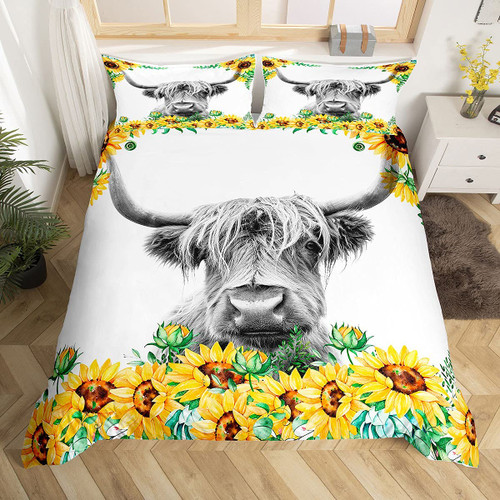 Highland Cow Comforter Cover Set King Size Bull Cattle Bedding Set Yellow Sunflower Print Duvet Cover Western Farmhouse Theme Cow Bedspread Cover Wild Animal Cowboys Quilt Cover, No Filler