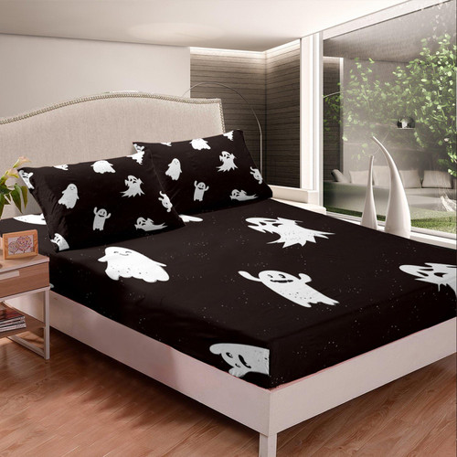 Halloween Themed Fitted Sheet for Girls Boys Kids Twin Size Kawaii Ghost Bedding Set Room Decor Trick or Treat Bed Sheet Set Black Bed Cover Deep Pocket