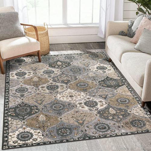 Lahome Moroccan Trellis Area Rug, 3x5 Washable Bedroom Rug Indoor Non-Slip, Small Persian Oriental Accent Throw Rug for Kitchen Entryway Bathroom Living Room Office Carpet (Grey, 3x5ft)