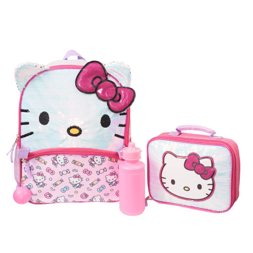 AI ACCESSORY INNOVATIONS Hello Kitty Girls 4 Piece Backpack Set, Iridescent Flip Sequin 16" School Bag with 3D Features, Front Zip Pocket, Pink & White