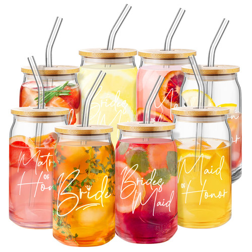 8 Pcs Bridesmaid Gifts Iced Coffee Cup with Bamboo Lids and Glass Straw 16 oz Mason Jar Cups Bride Can Shaped Drinking Glasses Cute Tumbler Cup Bridal Shower Favors, Bachelorette Party Supplies