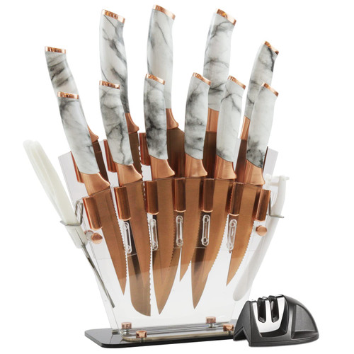 WopZra Rainbow Knife Set, Kitchen Knives Set with Acrylic Block, Thick Blade Cutlery Knife Block Set, Chef Sharp Quality for Home & Pro Use, Best Gift (Marbling Handle/Champagne Gold Blade)