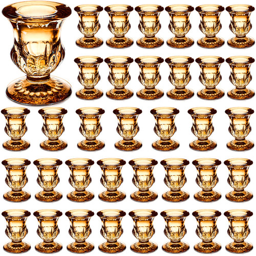 36 Pcs Taper Candle Holders Bulk 2.5 Inch Candlestick Holder Clear Candle Holder Small Candlestick Holder Thicker Glass Candle Sticks Set for Wedding Christmas Party Dining Table Centerpiece (Gold)