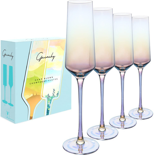 Gnimihz Classy Iridescent Champagne Flutes Set of 4 - Hand Blown Crystal Champagne Glasses, Lead-Free Premium Crystal, Gift for Wedding, Anniversary, Christmas, 8oz, 10" Tall Gnimihz Classy Iridescent Champagne Flutes Set of 4 - Hand Blown Crystal Champagne Glasses, Lead-Free Premium Crystal, Gift for Wedding, Anniversary, Christmas, 8oz, 10" Tall