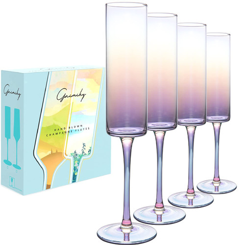 Gnimihz Iridescent Edge Champagne Flutes - Crystal Champagne Glasses Set of 4, Lead-Free Premium Crystal, Gift for Wedding, Anniversary, Christmas, 6.3oz, 9.8" Tall Gnimihz Iridescent Edge Champagne Flutes - Crystal Champagne Glasses Set of 4, Lead-Free Premium Crystal, Gift for Wedding, Anniversary, Christmas, 6.3oz, 9.8" Tall