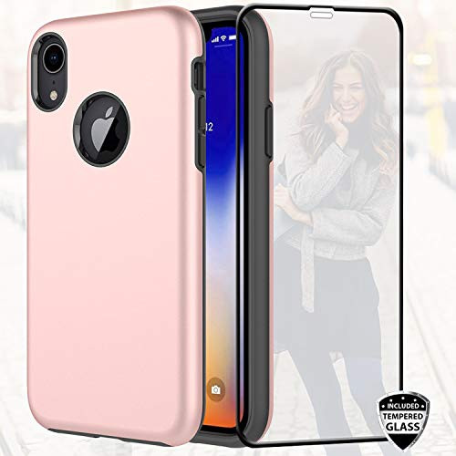 iPhone XR Case Rose Gold with Glass Screen Protector,DICHEER Hybrid Heavy Duty Shockproof Anti-Scratch Armor Rugged Dual Layer Hard Cover and Flexible TPU Slim-fit Protective Case for iPhone XR 6.1