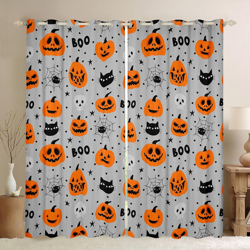 Feelyou Happy Halloween Curtains Cartoon Pumpkin Cat Window Curtains for Bedroom Living Room for Kids Boys Girls Cute Spider Skull Decor Window Drapes Treatments Grey White Orange 38W X 45L,2 Panels