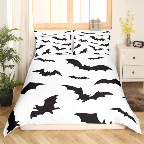 Feelyou Halloween Bats Bedding Duvet Cover Set Kids Black White Bat Bedding Set Kids Scary Halloween Decor Comforter Cover Set Microfiber Trick or Treat Bedspread Cover Bedroom Bedclothes Twin Size
