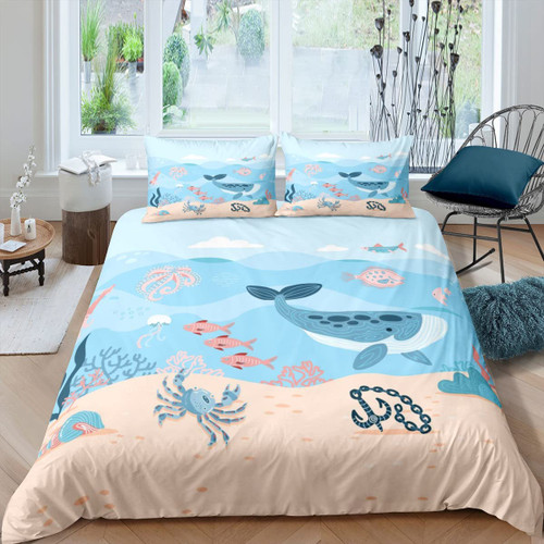 Feelyou Shark Bedding Set Ocean Crab Coral Theme Duvet Cover Set for Kids Boys Girls Sea Underwater World Comforter Cover Aquatic Animal Printed Quilt Cover 1 Duvet Cover with 1 Pillowcase Twin Size