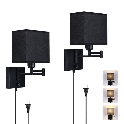 Lightess Bedside Wall Sconce, Swing Arm Wall Lamp with Plug in Cord Set of 2 Dimmable Bedside Wall Lamps Square Wall Light Fixtures w/Black Fabric Shade for Living Room Bedroom Hallway