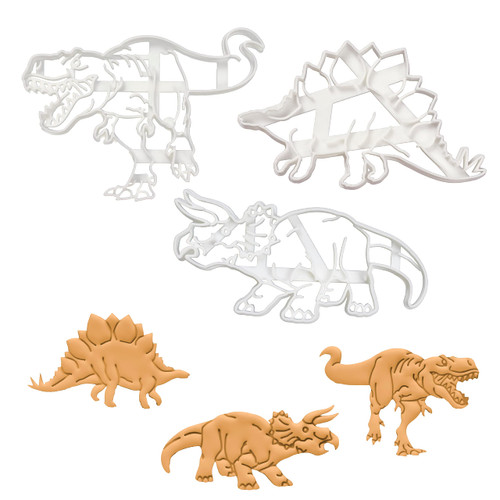 Set of 3 Realistic Dinosaurs cookie cutters (Designs: Tyrannosaurus Rex, Stegosaurus and Triceratops), 3 pieces - Bakerlogy