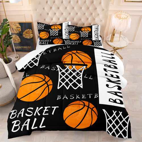 NINENINE Black Basketball Bedding Set for Boys Kids Teens Full Size Sports Comforter Basketball and Hoop Bedding Soft Microfiber Quilt Bed Set with 1 Comforter 2Pillowcases