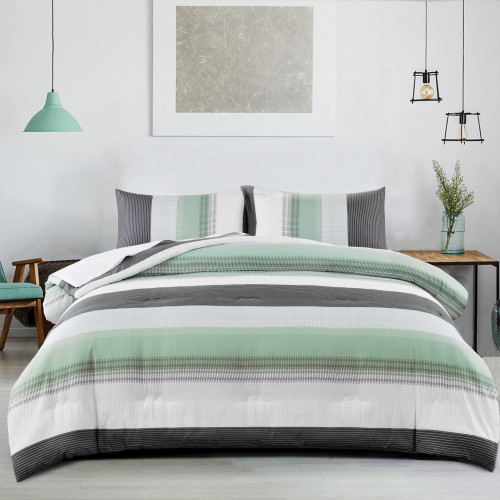 SLEEPBELLA Comforter King Size, Mint Green & Grey & White Striped Patchwork Comforter Set, All Season Down Alternative Bedding Set 3Pcs(King, Mint Green Patchwork)