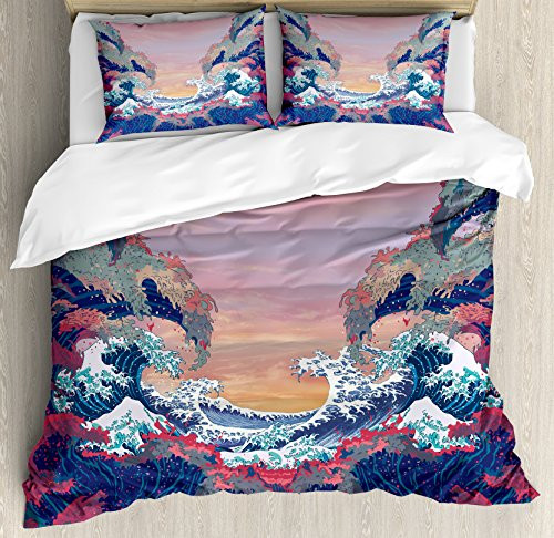 Ambesonne Modern Duvet Cover Set King Size, Colorful Fantasy Sea Waves Ocean Modern Fictional Nautical Magic Artsy Illustration Theme, A Decorative 3 Piece Bedding Set with 2 Pillow Shams, Multicolor