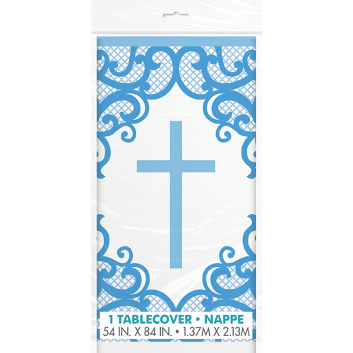 Unique Fancy Cross Rectangular Plastic Table Cover | 54" x 84" | Blue | 1 Pc