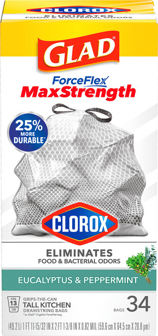 Glad ForceFlex MaxStrength with Clorox Tall Kitchen Drawstring Trash Bags, 13 Gallon Grey Trash Bags, Eucalyptus and Peppermint Scent, 34 Count