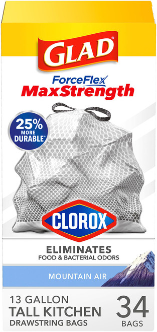 Glad ForceFlex MaxStrength with Clorox Tall Kitchen Drawstring Trash Bags, 13 Gallon Grey Trash Bags, Mountain Air Scent, 34 Count