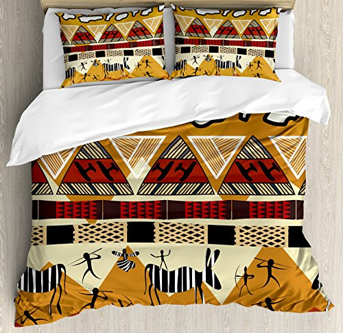 Ambesonne Ethnic Duvet Cover Set Queen Size, Tribal Ethnic Style Hunting Zebra Illustration Prehistoric Tribe Life Theme Picture Print, Decorative 3 Piece Bedding Set with 2 Pillow Shams, Ruby Mustard