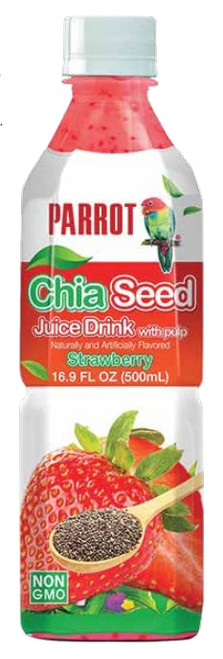Parrot Chia Seed Strawberry Juice Drink with Pulp 500ml 16.9 fl. oz.(Pack of 12)