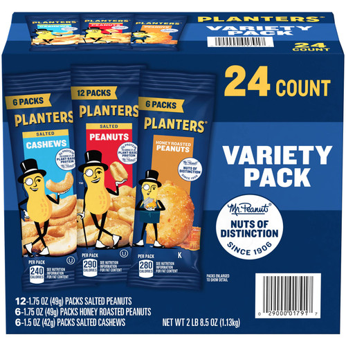 PLANTERS Peanuts & Cashews Variety Pack, 40.5 oz, Includes 6 packages Honey Roasted Peanuts (1.75 oz each), 12 packages Salted Peanuts (1.75 oz each), and 6 packages Salted Cashews (1.5 oz each)
