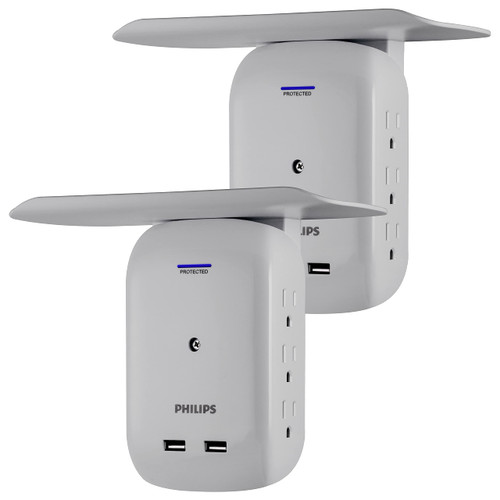 Philips 6-Outlet Extender 2-USB Surge Protector, Side Access Adapter, Wall Tap, Removable Device Charging Shelf, Charging Station, Protected Indicator Light, 450J, 2 Pack, Gray, SPS6026GR/37