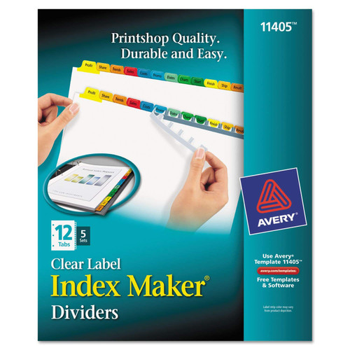 Avery Print & Apply Clear Label Tab Dividers, Index Maker, 12-Tab Divider Set, 5 Sets, Multicolor Tabs (11405)