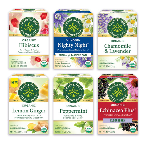 Traditional Medicinals Tea, Organic Herbal Tea in Six Calming Flavors, Chamomile Tea, Hibiscus Tea, Peppermint, Lemon Balm Tea, Lemon Ginger Tea, & Passionflower, 96 Tea Bags, (6 Pack) Traditional Medicinals Tea, Organic Herbal Tea in Six Calming Flavors, Chamomile Tea, Hibiscus Tea, Peppermint, Lemon Balm Tea, Lemon Ginger Tea, & Passionflower, 96 Tea Bags, (6 Pack)