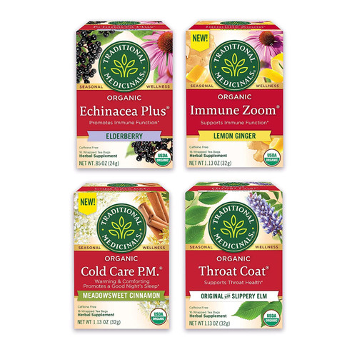 Traditional Medicinals Tea, Get Well Herbal Tea Variety Pack, Organic Tea- w/Throat Coat Tea, Echinacea Tea, Immune Support Tea, Cold Care PM Relief- Wellness