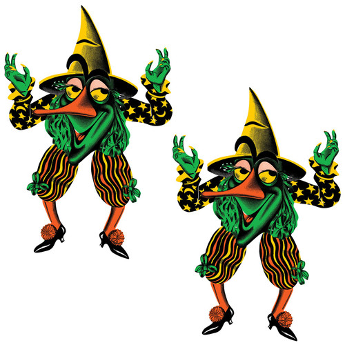 Beistle 2 Piece Vintage Halloween Decorations Jointed Retro Witch Goblin Cut Outs, Made in USA Since 1900, 34", Green/Orange/Yellow/Black