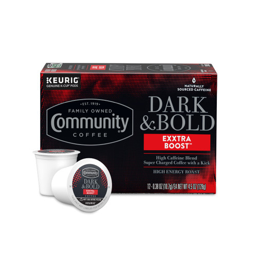 Community Coffee Dark & Bold Exxtra Boost 12 Count Coffee Pods, Compatible with Keurig 2.0 K-Cup Brewers