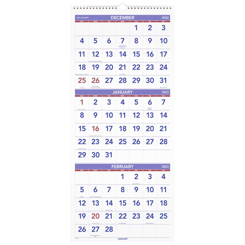 AT-A-GLANCE 2023 Wall Calendar Planner, 14 Month, Paper, 12" x 27", Large, Vertical, 3 Month Reference (PM1128), Blue