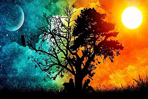 DIY 5D Full Diamond Painting by Number Kits, Crystal Rhinestone Diamond Embroidery Paintings Pictures Arts Craft for Home Wall Decor (Starry Sky and Sun & Tree)