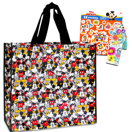 Mickey Mouse Tote Bag Set - Bundle with Extra Large Mickey Tote for Women and Kids Plus Mickey Stickers and Bookmark | Mickey Grocery Bag
