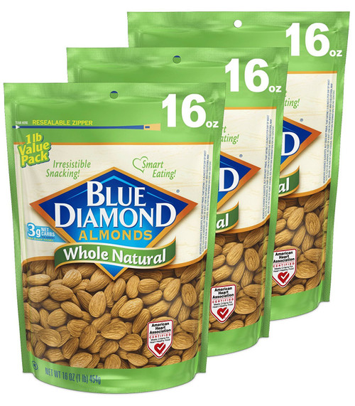Blue Diamond Almonds Whole Natural Raw Snack Nuts, 16 Oz Resealable Bags (Pack of 3)