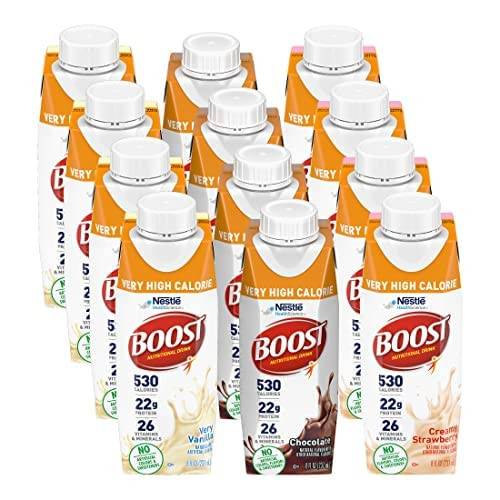 Boost Very High Calorie Nutritional Drink Variety Pack, 4 Bottles Very Vanilla, 4 Bottles Chocolate, 4 Bottles Creamy Strawberry, 8 FL OZ Bottles, 12 CT