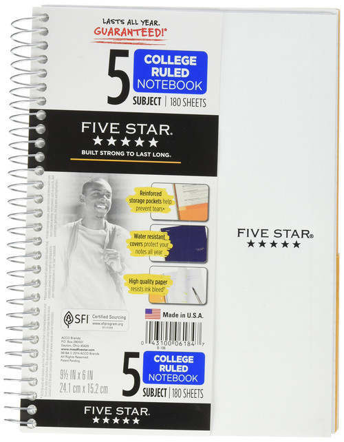 Five Star Spiral Notebook, 5 Subject, College Ruled Paper, 180 Sheets, 9-1/2" x 6" Sheet Size, Assorted Colors (06184)