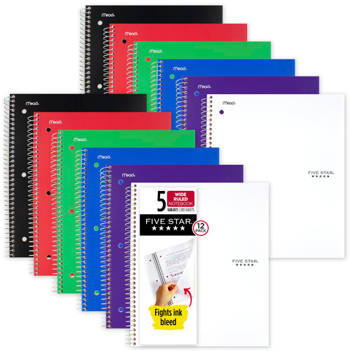 Five Star Spiral Notebooks, 12 Pack, 1-Subject, Wide Ruled Paper, 10-1/2" x 8", 100 Sheets, Assorted Colors Will Vary (52166)