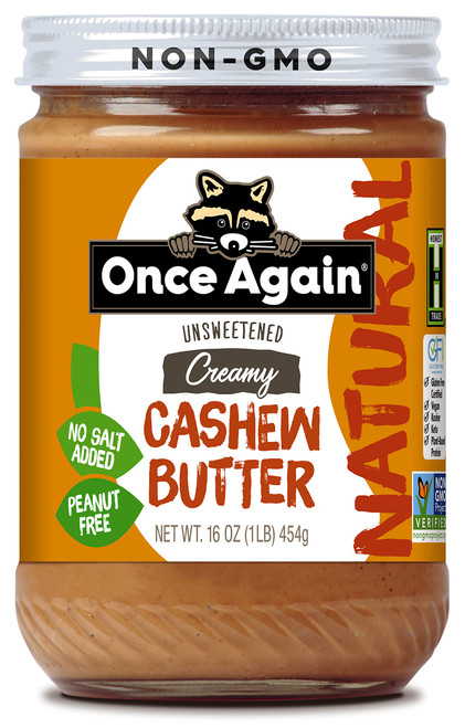 Once Again Natural Creamy Cashew Butter, 16oz - Unsweetened - Peanut Free, Gluten Free Certified, Vegan, Kosher - Glass Jar Once Again Natural Creamy Cashew Butter, 16oz - Unsweetened - Peanut Free, Gluten Free Certified, Vegan, Kosher - Glass Jar