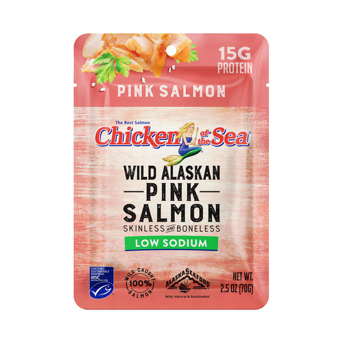 Chicken of the Sea 25% Less Sodium Wild Alaskan Pink Salmon in Water, Skinless & Boneless, 2.5-Ounce Pouch (Pack of 1) Chicken of the Sea 25% Less Sodium Wild Alaskan Pink Salmon in Water, Skinless & Boneless, 2.5-Ounce Pouch (Pack of 1)