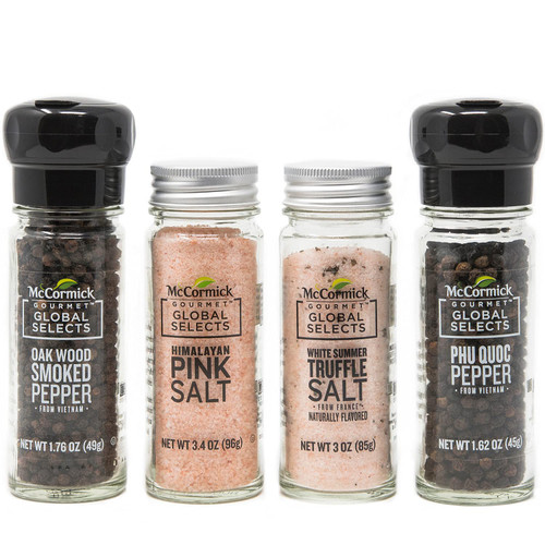 McCormick Gourmet Global Selects Salt & Pepper Premium Variety Pack (Oak Wood Smoked Pepper, Himalayan Pink Salt, White Summer Truffle Salt, Phu Quoc Pepper), 9.78 oz