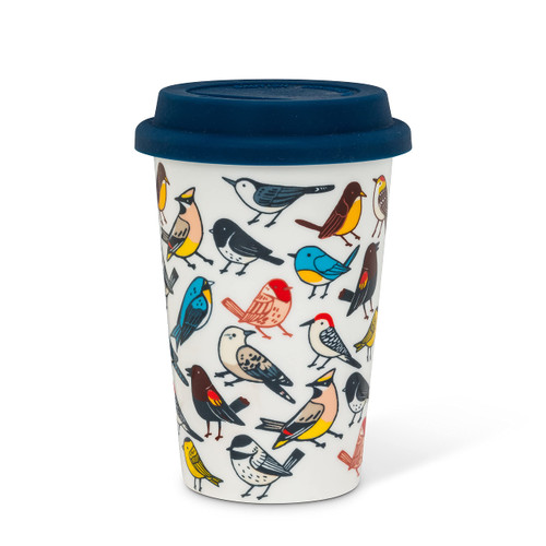 Abbott Collection 27-BIRDWATCH-Togo Allover Birds Travel Mug, 5.5"H, Multi/Navy Blue
