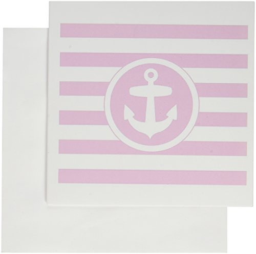 3dRose Nautical anchor circle on light pink and white stripes - Girly Striped - Greeting Cards, 6 x 6 inches, set of 12 (gc_179690_2)
