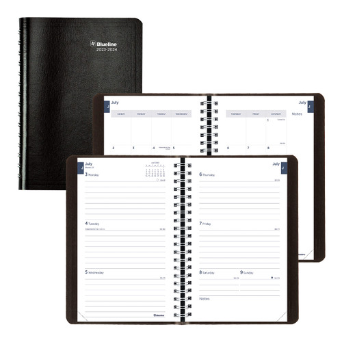 Blueline Essential Academic Weekly/Monthly Planner, 13 Months, July 2023 to July 2024, Twin-Wire Binding, Soft Vicuana Cover, 8" x 5", Black (CA101.BLK-24)