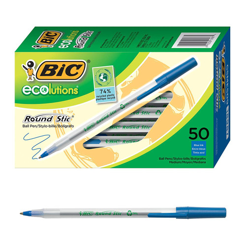 BIC Ecolutions Round Stic Ballpoint Pen, Medium Point (1.0mm), Blue, 100-Count